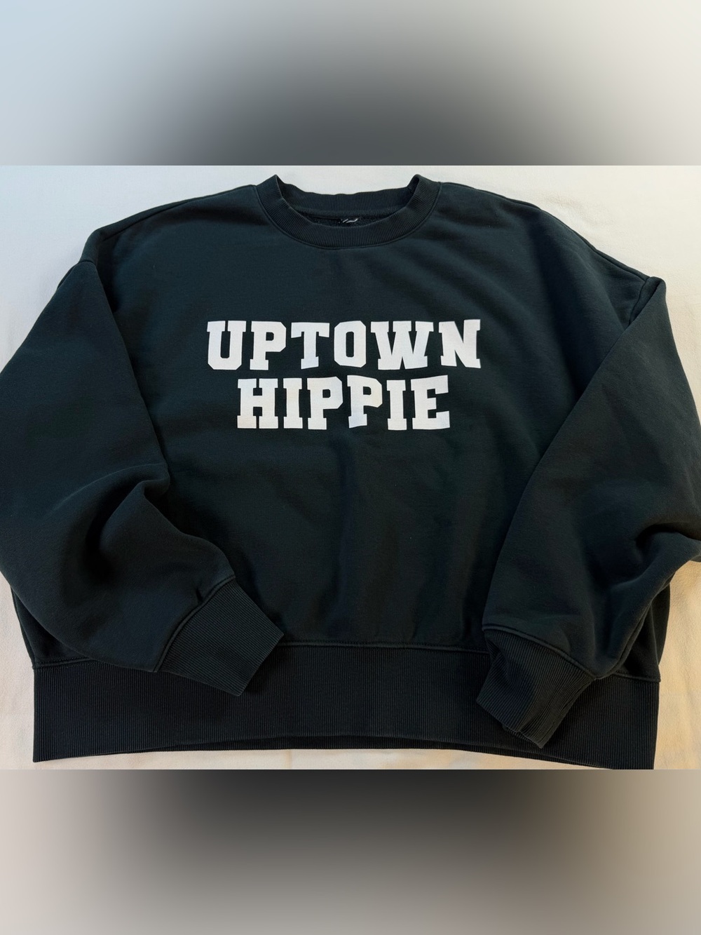 Uptown Hippie Black Crewneck Boxy Cropped Varsity Sweatshirt